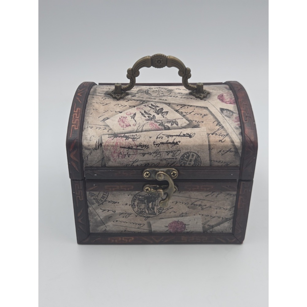 Vintage Wooden Jewelry Box Rose Peony And Script Design Storage box 7''